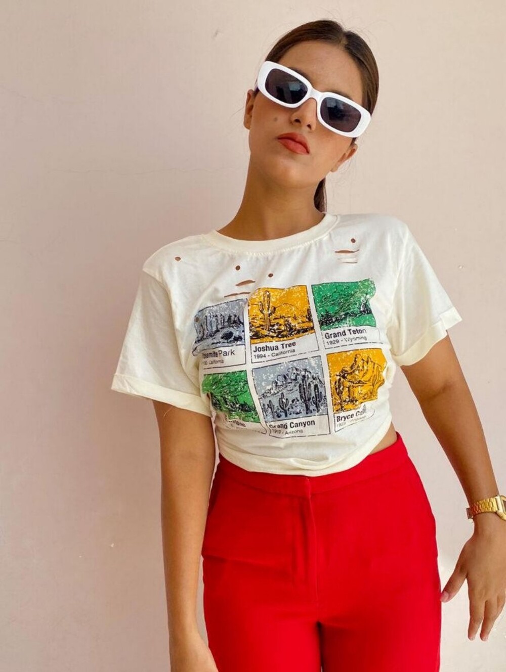 Distressed Crop Top with National Parks Graphic - Multi-Color Print Ecological M